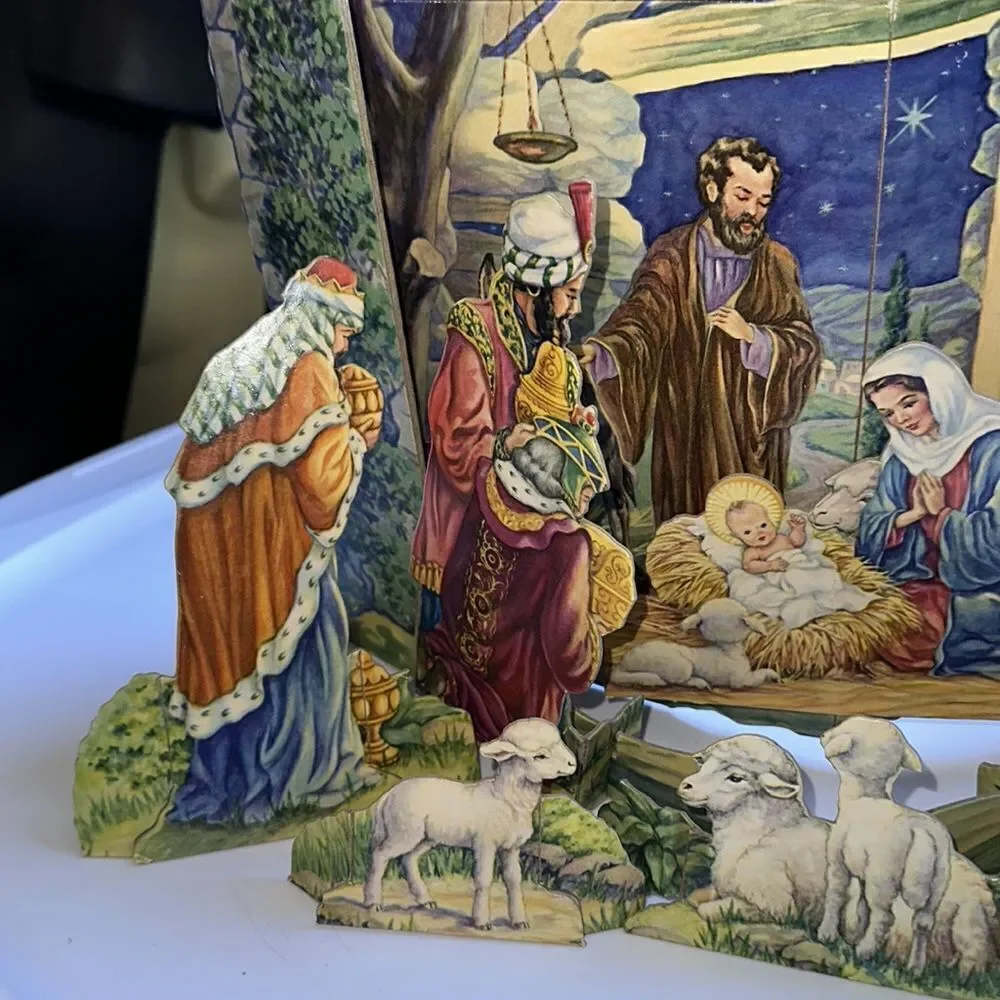 Vintage Mid‎ Century Cardboard Cut Out Christmas Nativity Set